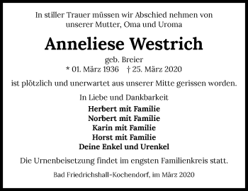 Traueranzeige von Anneliese Westrich 