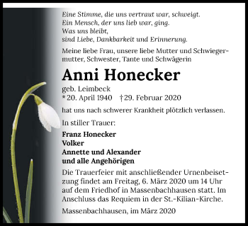 Traueranzeige von Anni Honecker 