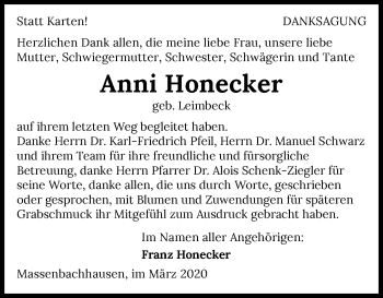 Traueranzeige von Anni Honecker 