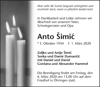 Traueranzeige von Anto Simic 