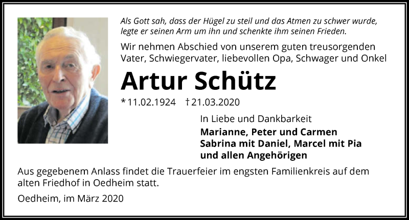  Traueranzeige für Artur Schütz vom 24.03.2020 aus 