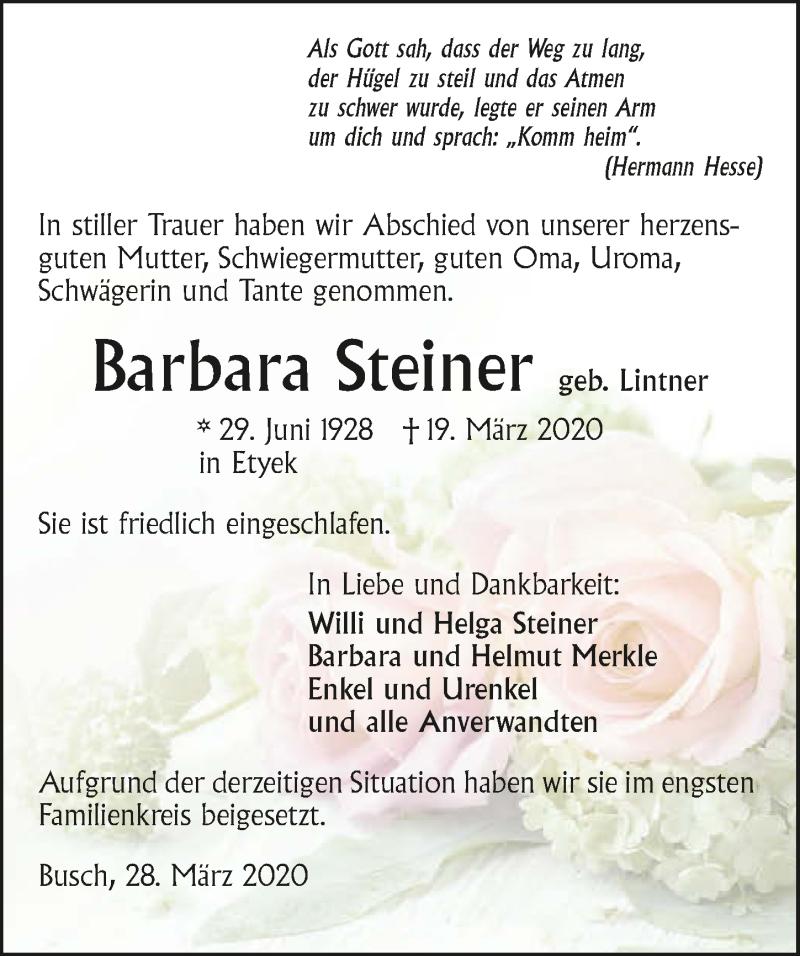  Traueranzeige für Barbara Steiner vom 28.03.2020 aus 