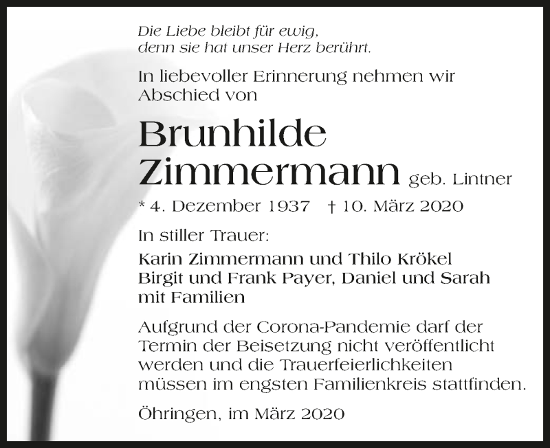  Traueranzeige für Brunhilde Zimmermann vom 21.03.2020 aus 