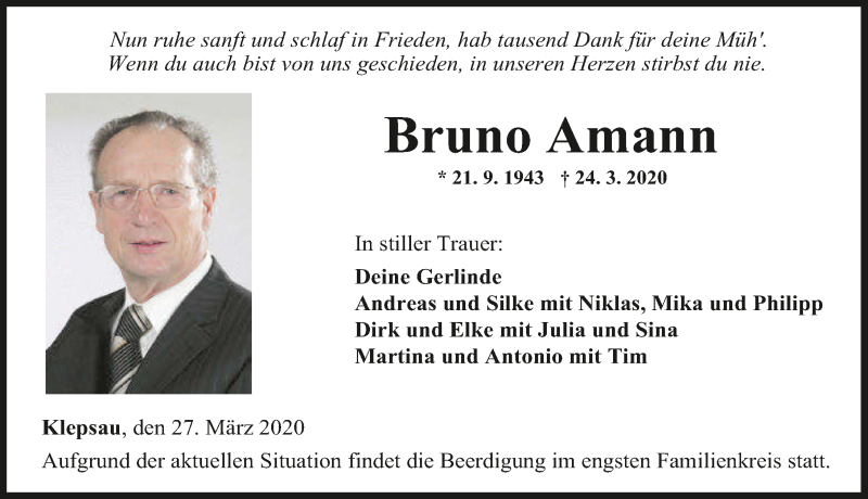  Traueranzeige für Bruno Amann vom 27.03.2020 aus 