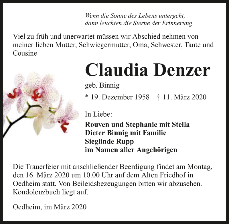  Traueranzeige für Claudia Denzer vom 12.03.2020 aus 