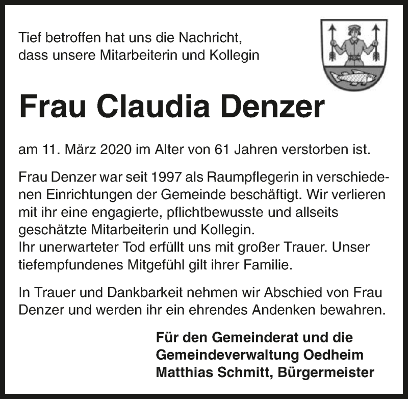  Traueranzeige für Claudia Denzer vom 13.03.2020 aus 