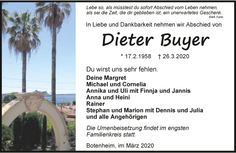  Traueranzeige für Dieter Buyer vom 31.03.2020 aus 