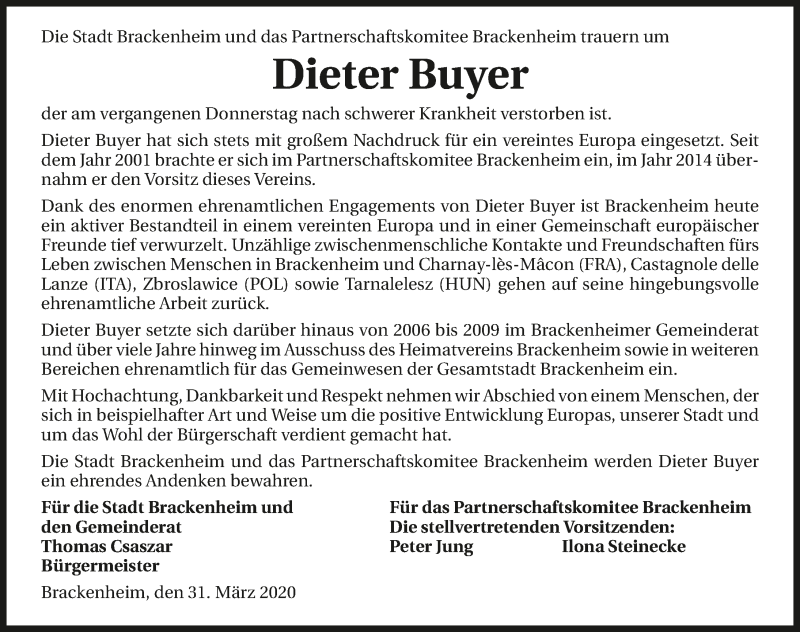  Traueranzeige für Dieter Buyer vom 31.03.2020 aus 