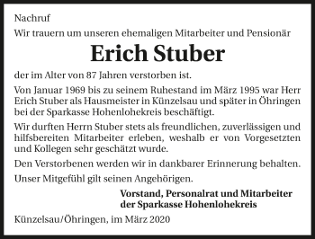 Traueranzeige von Erich Stuber 