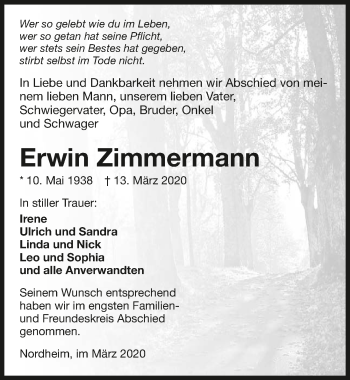 Traueranzeige von Erwin Zimmermann 