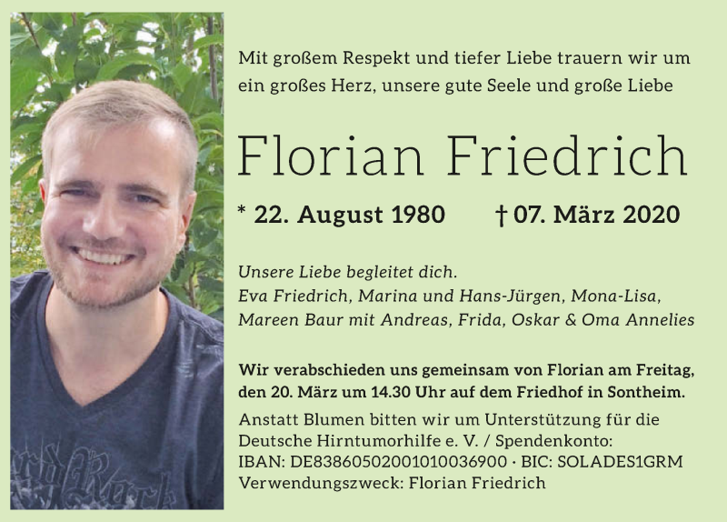  Traueranzeige für Florian Friedrich vom 14.03.2020 aus 