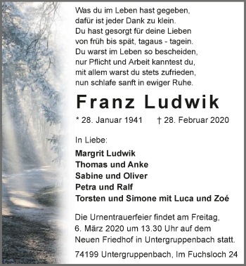 Traueranzeige von Franz Ludwik 