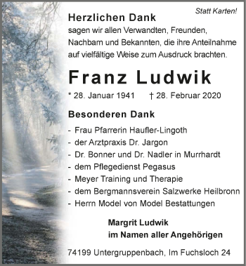 Traueranzeige von Franz Ludwik 
