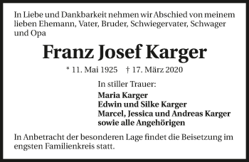 Traueranzeige von Franz Josef Karger 