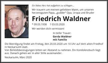 Traueranzeige von Friedrich Waldner 