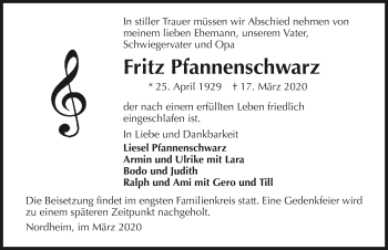 Traueranzeige von Fritz Pfannenschwarz 