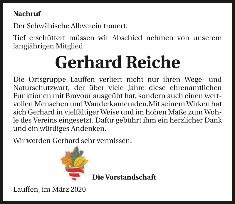  Traueranzeige für Gerhard Reiche vom 24.03.2020 aus 