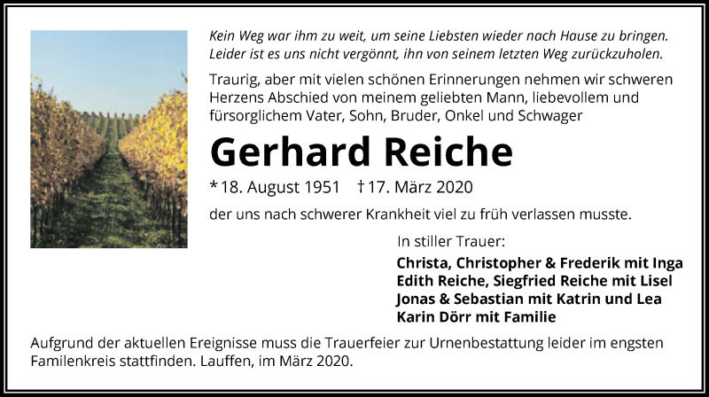  Traueranzeige für Gerhard Reiche vom 21.03.2020 aus 