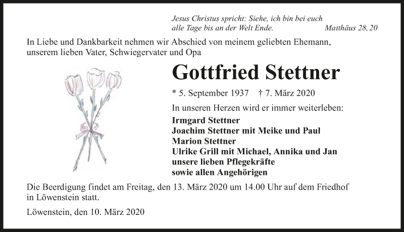  Traueranzeige für Gottfried Stettner vom 10.03.2020 aus 