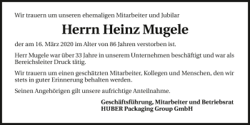 Traueranzeige von Heinz Mugele 