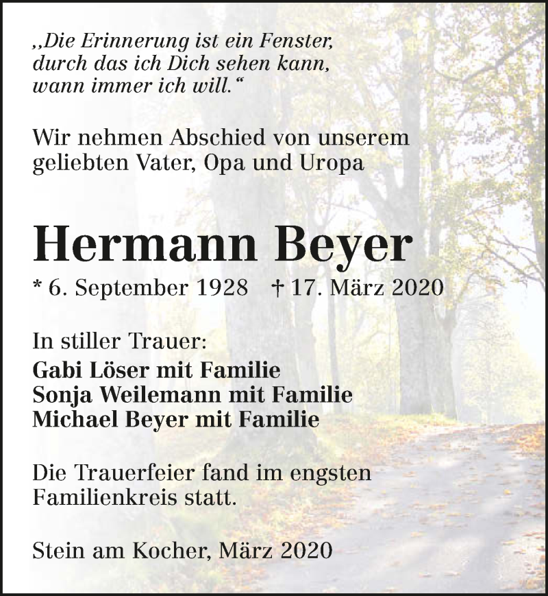  Traueranzeige für Hermann Beyer vom 21.03.2020 aus 