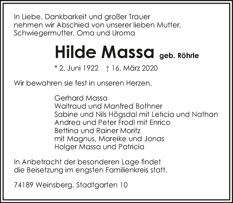  Traueranzeige für Hilde Massa vom 18.03.2020 aus 