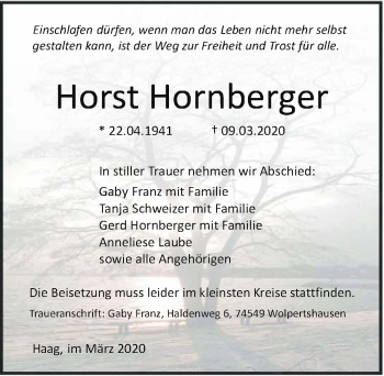 Traueranzeige von Horst Hornberger 