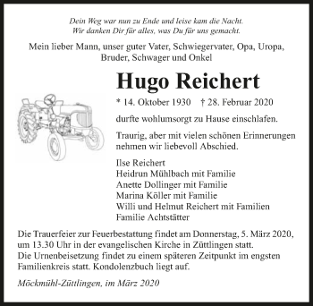 Traueranzeige von Hugo Reichert 