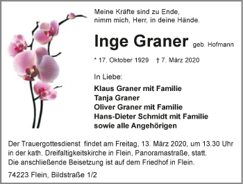 Traueranzeige von Inge Graner 