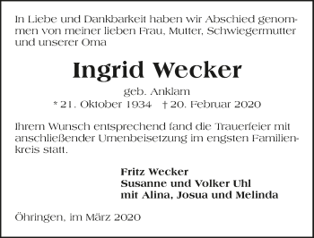 Traueranzeige von Ingrid Wecker 