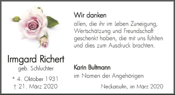 Traueranzeige von Irmgard Richert 