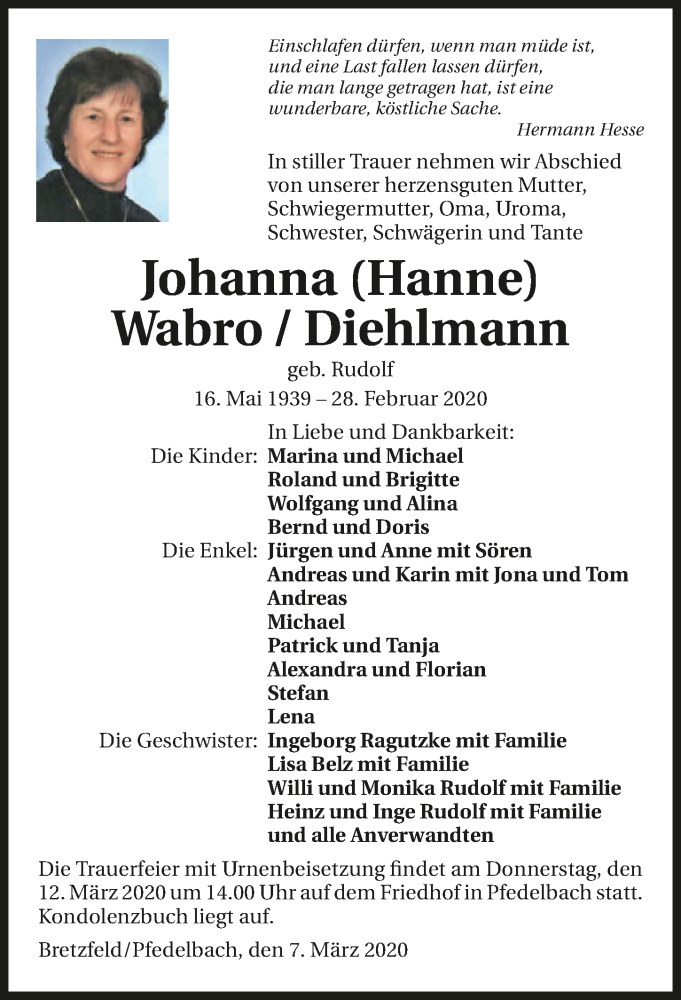  Traueranzeige für Johanna Wabro Diehlmann vom 07.03.2020 aus 