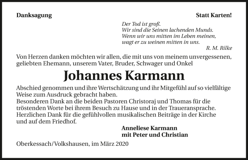  Traueranzeige für Johannes Karmann vom 07.03.2020 aus 