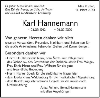 Traueranzeige von Karl Hannemann 