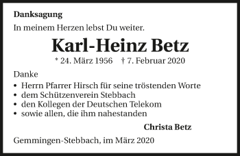 Traueranzeige von Karl-Heinz Betz 