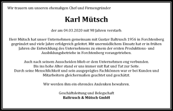 Traueranzeige von Karl Mütsch 