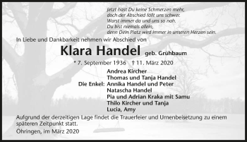 Traueranzeige von Klara Handel 