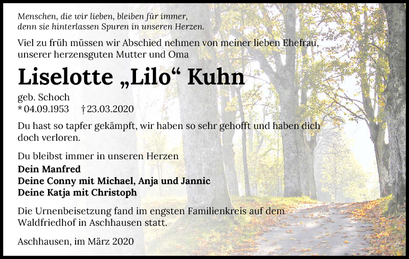  Traueranzeige für Liselotte Kuhn vom 30.03.2020 aus 
