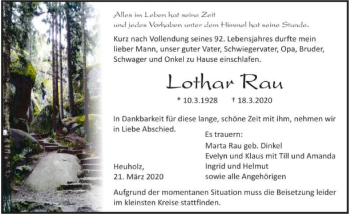 Traueranzeige von Lothar Rau 
