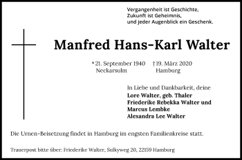 Traueranzeige von Manfred Hans-Karl Walter 