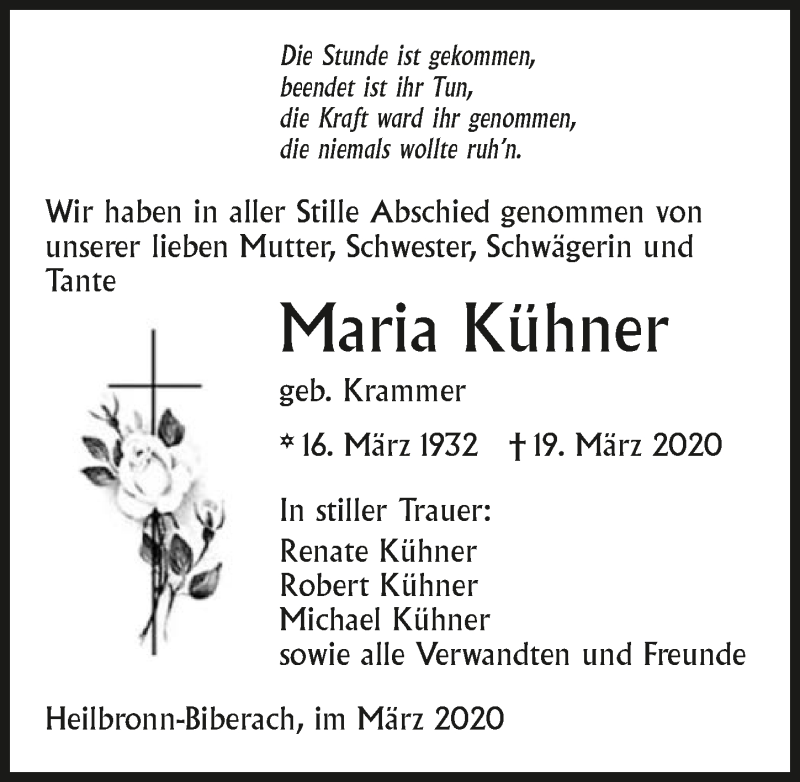  Traueranzeige für Maria Kühner vom 28.03.2020 aus 