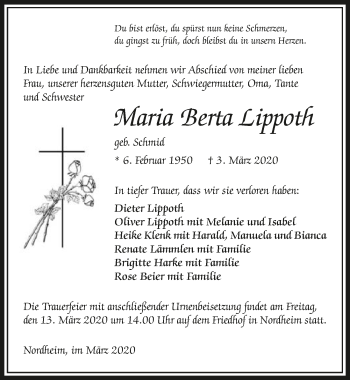 Traueranzeige von Maria Berta Lippoth 