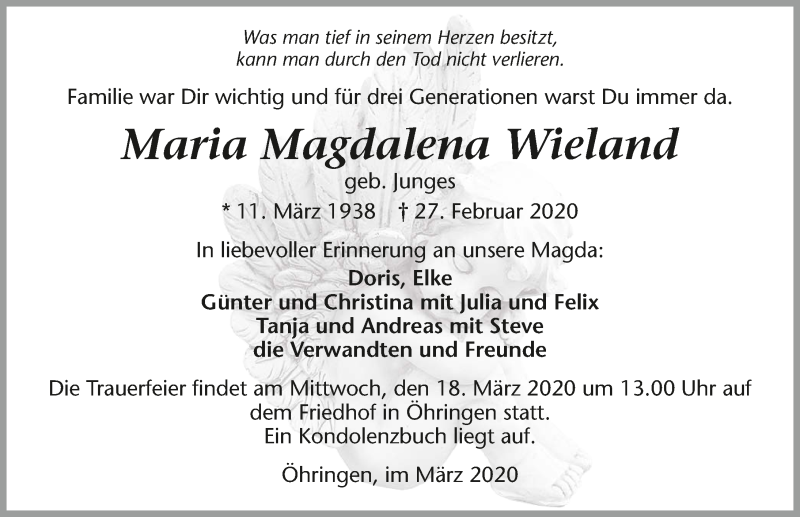  Traueranzeige für Maria Magdalena Wieland vom 14.03.2020 aus 