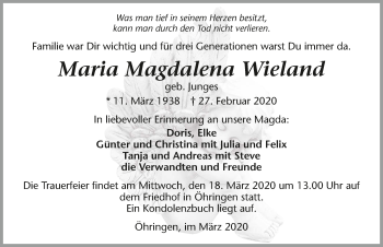 Traueranzeige von Maria Magdalena Wieland 