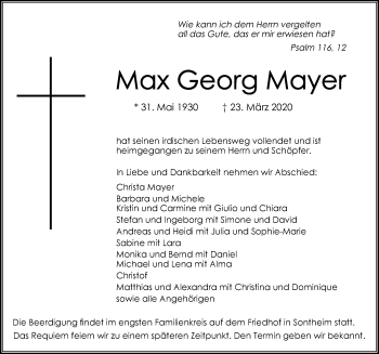 Traueranzeige von Max Georg Mayer 