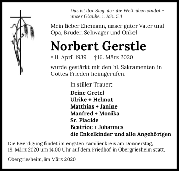 Traueranzeige von Norbert Gerstle 
