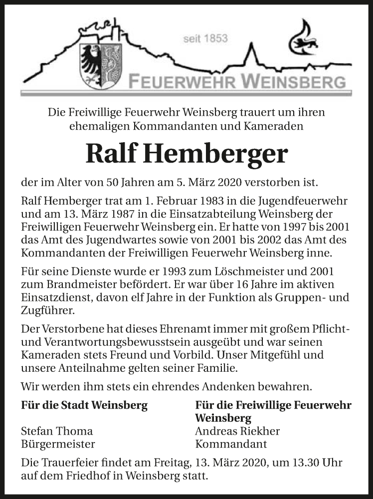  Traueranzeige für Ralf Hemberger vom 10.03.2020 aus 