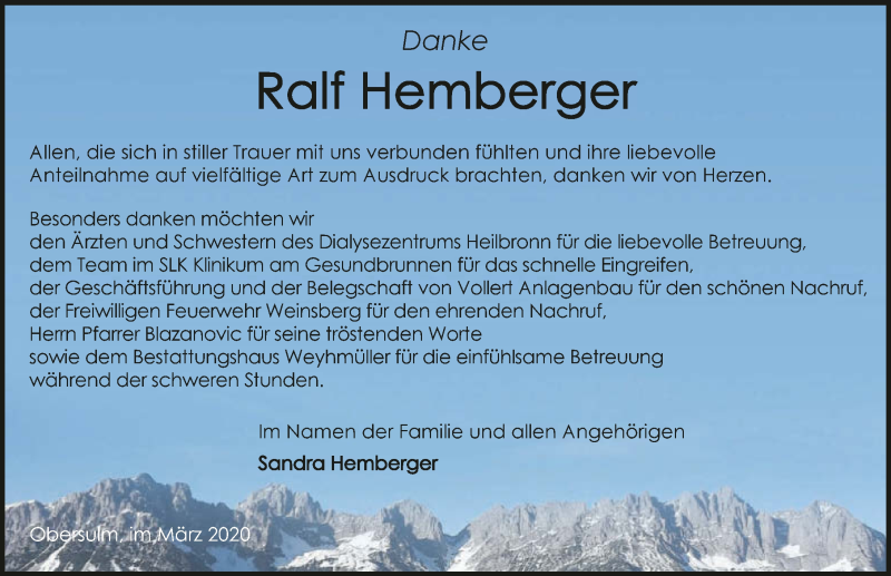  Traueranzeige für Ralf Hemberger vom 21.03.2020 aus 