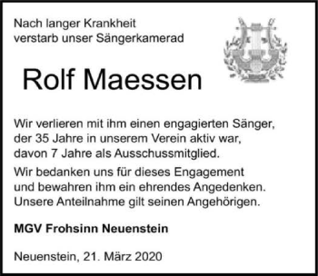 Traueranzeige von Rolf Maessen 