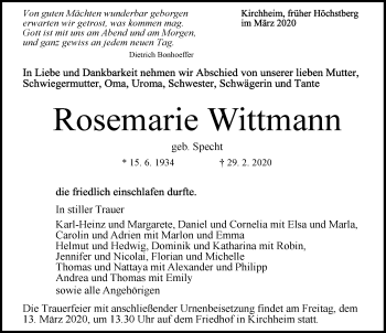 Traueranzeige von Rosemarie Wittmann 